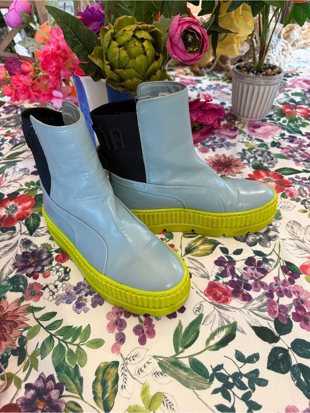 PUMA Light Blue Leather Platform Chelsea Boots with Neon Yellow Sole - Picture 2 of 5